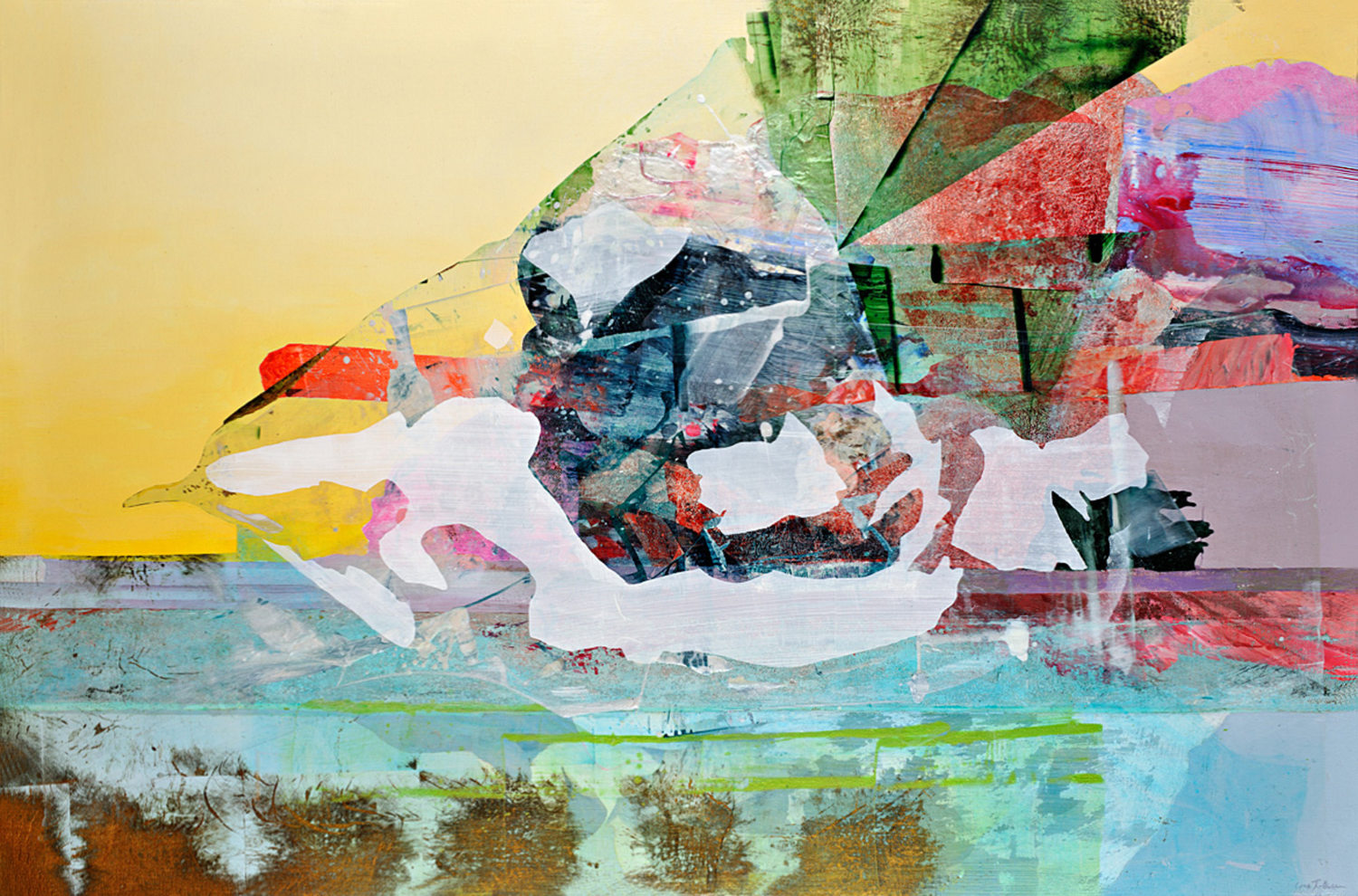 Ship of fools, acrylic, aluminum, oxidized brass, interference colour,79x125cm