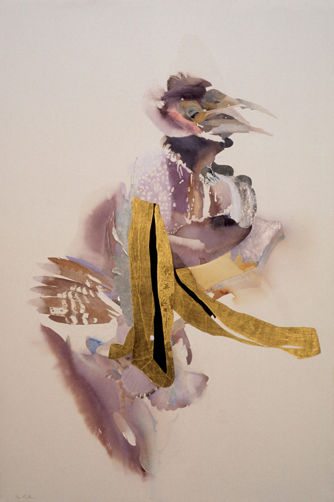 Bird from ashes. Dancer. Watercolour, gold, aluminium, oxidized silver, 165x115cm